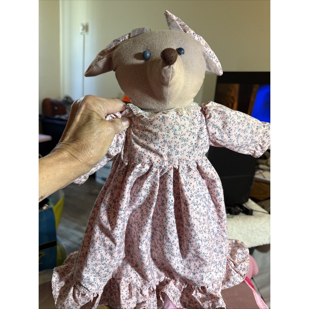 Vinyage Pajama Bag Plush Rabbit 18" Pink Calico Print Dress. Hand Made 60-70s